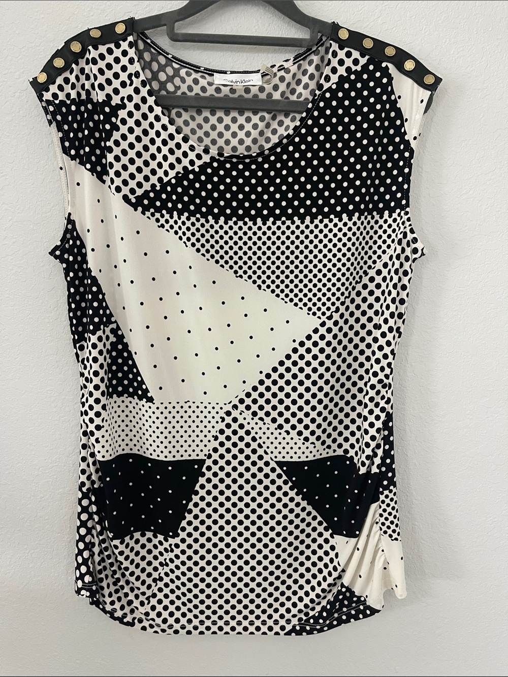 Calvin Klein Black and White Polka‎ Dot Geo Print Sleeveless Top